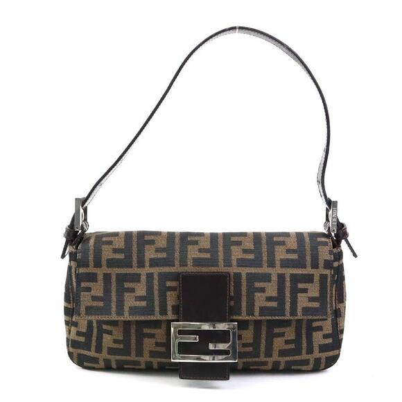 Fendi Zucca Baguette Shoulder Bag Brown Silver Canvas Leather